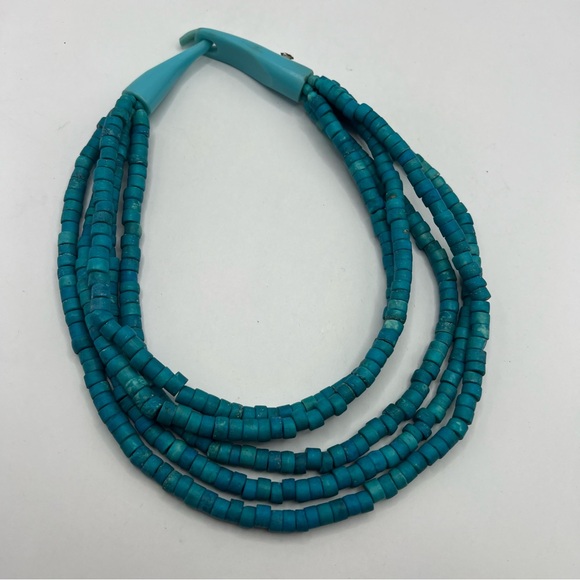 Vintage Monies Horn Clasp Multistrand Hand Dyed Turquoise Wood Bead Necklace - Picture 4 of 11